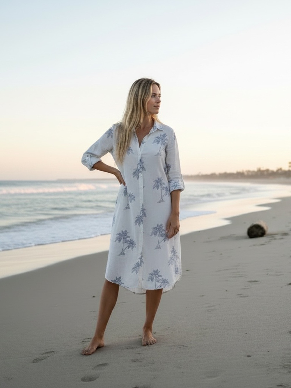 Blue Island Women's White Palm-Print Button-Front Swim Cover-Up Dress